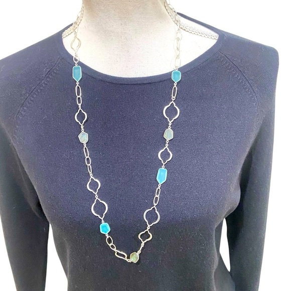 Stella & Dot sterling silver Arabesque link aqua & laborite long chain necklace - Picture 2 of 11